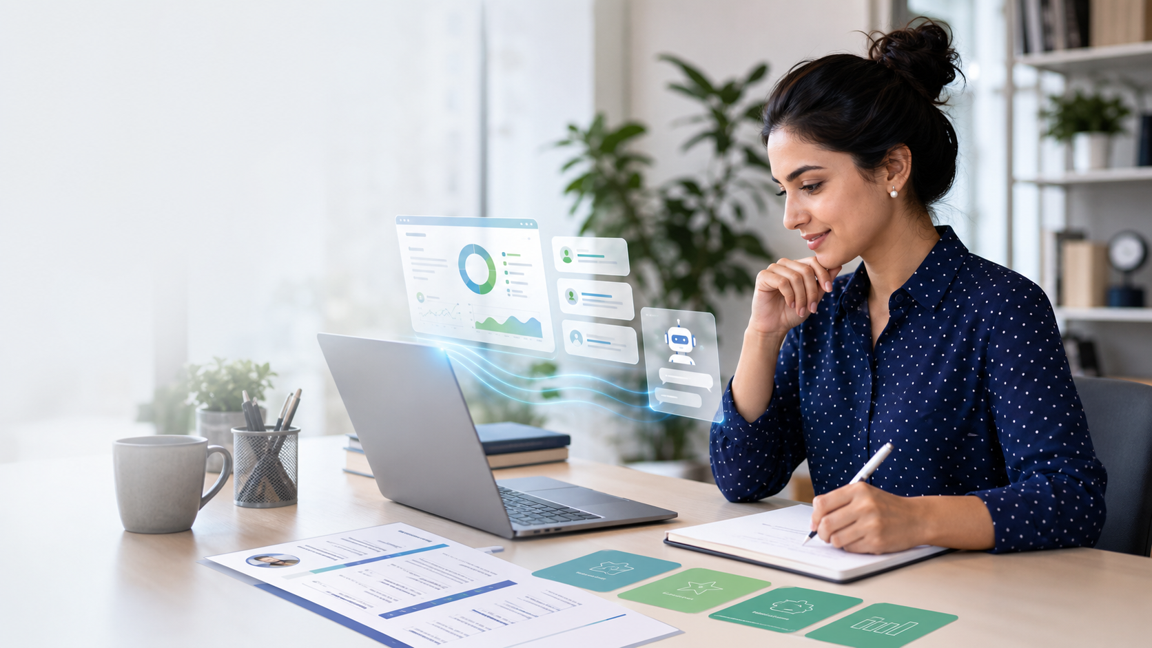 Professional using AI career tools at a modern workspace